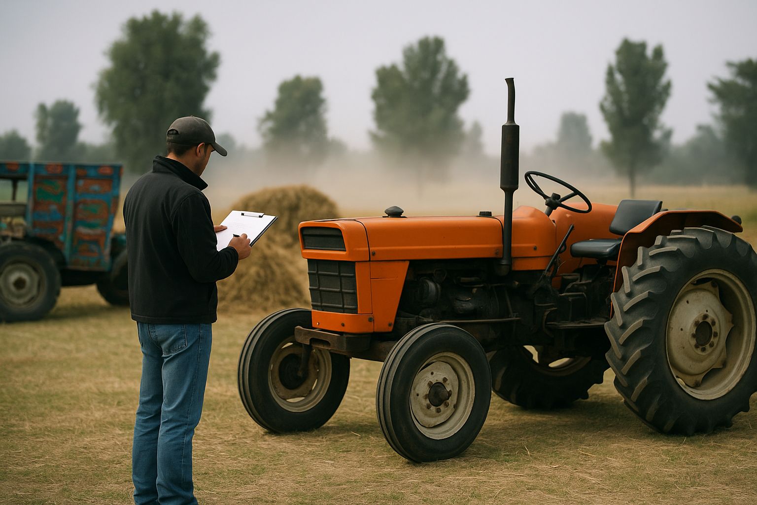Mekaniker inspekterar motor framför traktor på lantbruksauktion.