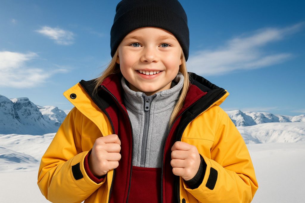 Tre barn klädda i färgglada lager-på-lager-kläder utomhus, redo för lek.