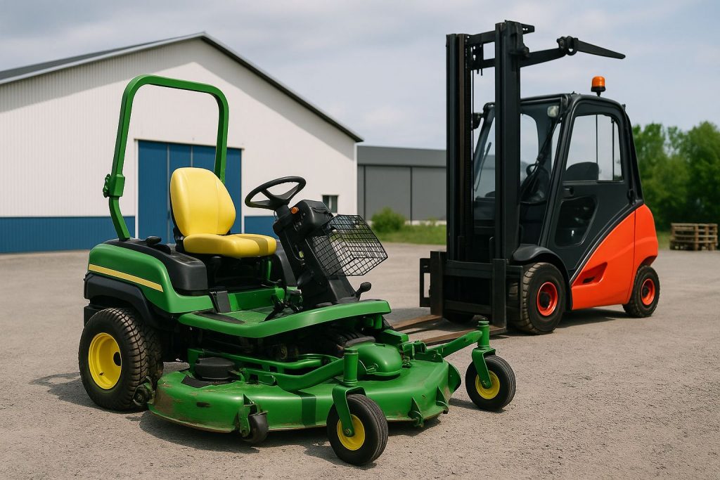 Stor grön traktor på en lantbruksauktion bland andra maskiner och folk.