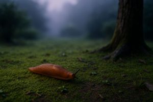 Mördarsniglar på fuktig mark omgiven av gräs och vissna löv.