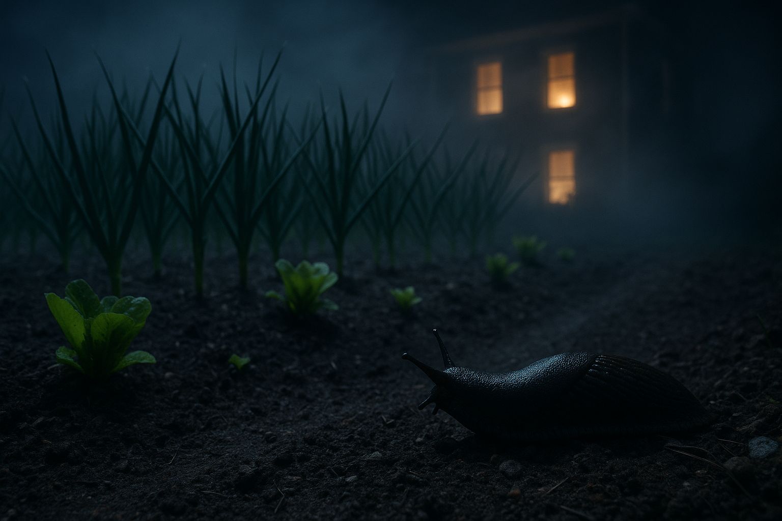 Mördarsniglar på fuktig mark i skymningen med nattljusblommor i bakgrunden.