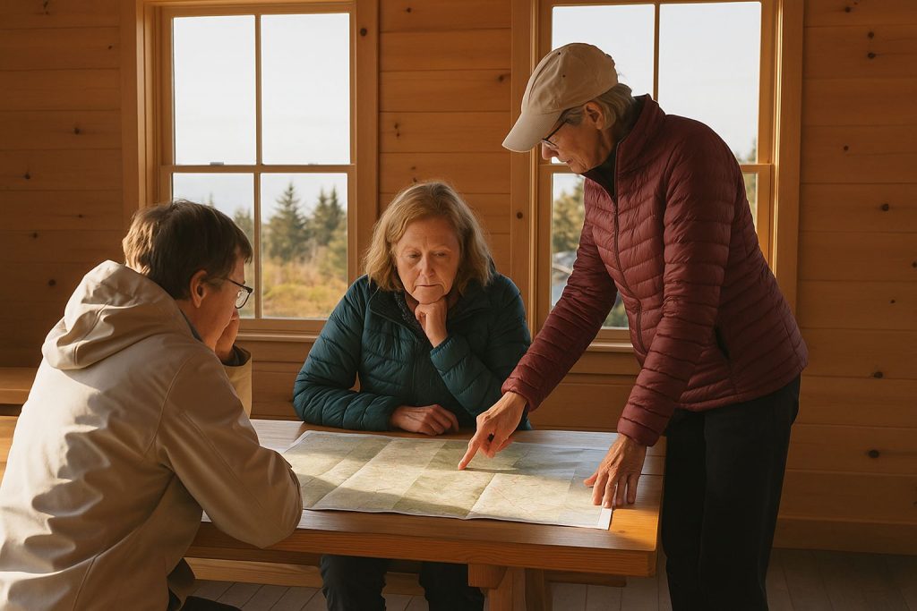 Friluftsgrupp planerar vandring med karta och anteckningar utomhus.