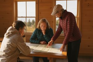 Friluftsgrupp planerar vandring med karta och anteckningar utomhus.